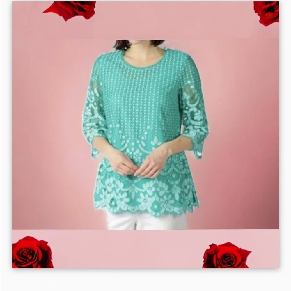 Isaac Mizrahi Live! Green Crochet Lace Overlay Tunic Top Sz Lg beautifu… - Picture 6 of 11